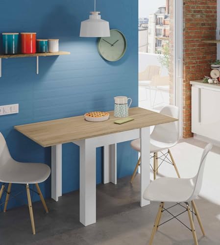 Dmora - Tavolo allungabile Newark, Ripiano da pranzo pieghevole apertura a libro, Tavolo ausiliario richiudibile, 67x67/135h79 cm, Bianco e Rovere