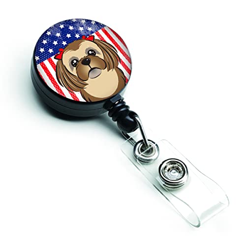 Caroline's Treasures BB2179BR American Flag and Chocolate Brown Shih Tzu Retractable Badge Reel for Nurses ID Badge Holder with Clip Retractable Employee Badge Holder, Belt Clip, Multicolor