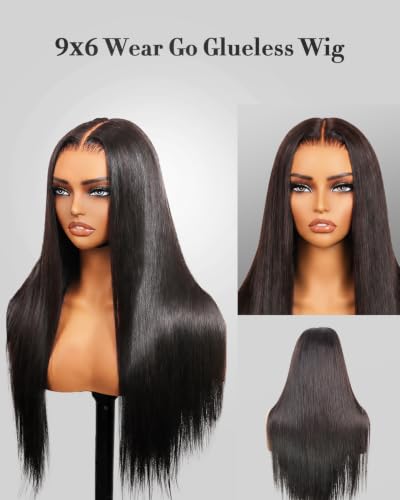 Image of Real Wear and Go Glueless Wig Human Hair Straight, 9x6 Pre-Plucked Pre-Cut Glueless Wigs, HD Transparent Lace Front Closure Wig for Women 250% Density 30 Inch (9x6 Straight, 32 inch)