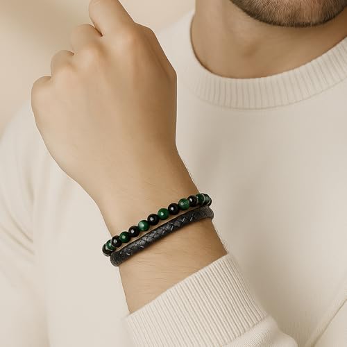Pulsera trenzada para hombre en cuero y acero inoxidable miniatura 3
