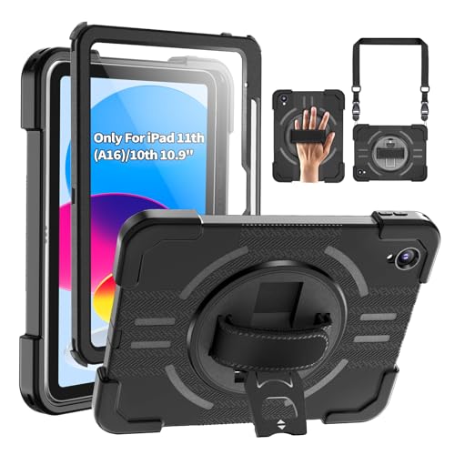 Ratcase Waterproof Case for iPad 11th(A16) 2025&10th 2022 10.9 IP68 Waterproof Full-Body Shockproof 360Rotating Kickstand Adjustable Shoulder Strap Built-in Screen Protector Black