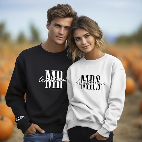 Personalized Mr. And Mrs. Last Name Sweatshirt Custom Last Name with Aniversary Date on Sleeve Matching Sweatshirts For Couples White3