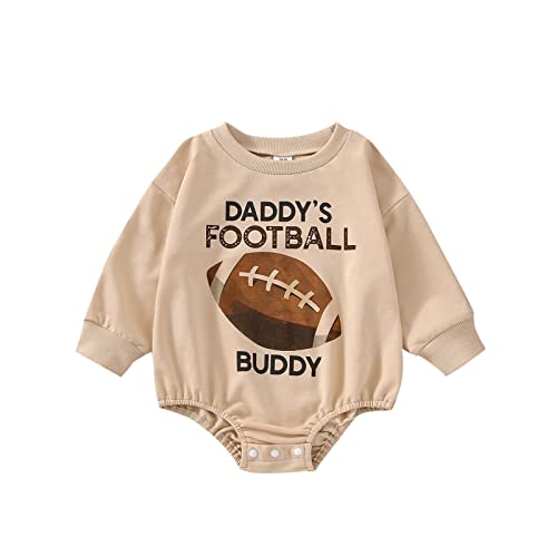 Image of Infant Baby Girls Boys Romper Rugby Letters Print Onesie Crewneck Long Sleeve Jumpsuits One Piece Clothes Fall Outfits (Football Khaki, 6-12 Months)
