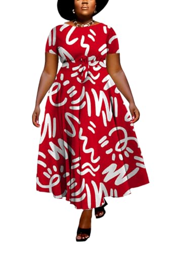 Image of Hostoyo Women Plus Size Formal A Line Maxi Dress Self Tie Waist with Pockets Elegant Round Neck Swing Long Dresses