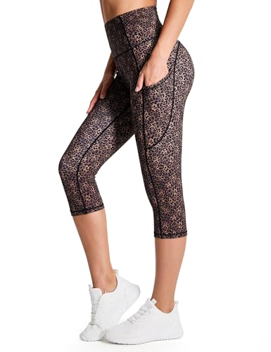 Image of THE GYM PEOPLE Thick High Waist Capris Yoga Pants with Pockets, Tummy Control Workout Running Yoga Leggings for Women