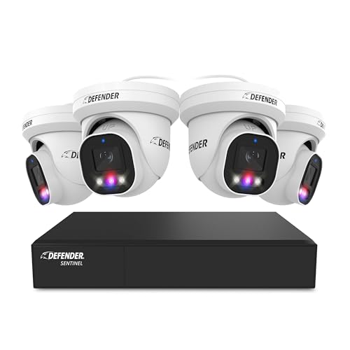 Defender AI Powered Sentinel Pro Turret 8CH NVR PoE Security Camera System, 4pc Metal Turret Cameras, 109° Wide Angle, IP66 Rated, Audio Recording, Web Viewing, 1TB HDD, Works w/Empower App