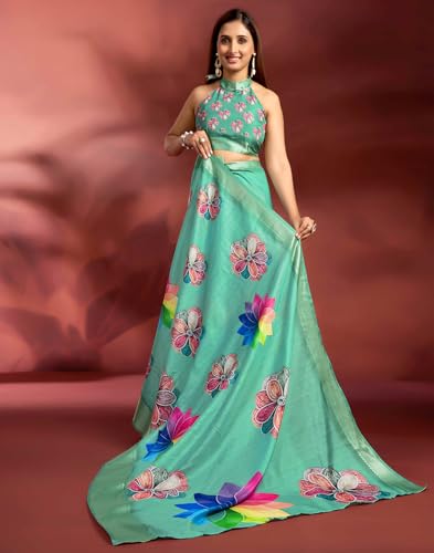 Image of SIRIL Women's Dola Silk Printed Jacquard Border Ready To Wear Saree with Unstitched Blouse Piece