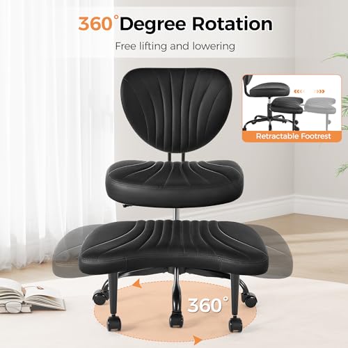 Image of Cross Legged Office Chair, Ergonomic Criss Cross Chair with Wheels, 360 Swivel Height-Adjustable Meditation Chair for Yoga & ADHD, Wide Kneeling Chair with Strong Lumbar Support (Black) BPY01B
