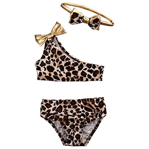 Xulahul 3PCs Baby Girl Kids Swimwear Set Sleeveless Bikini Split Swimsuit One Shoulder Leopard Bra Top Shorts Briefs Bow Hairband Swimsuit, brown, 0-3 Months Cover