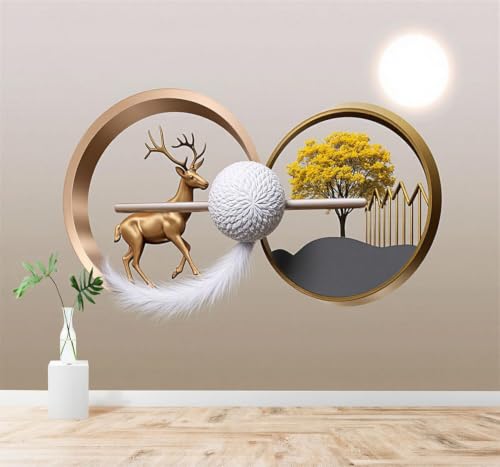 Papel pintado de seda 3D texturizada con ciervo dorado y sol neutro 2