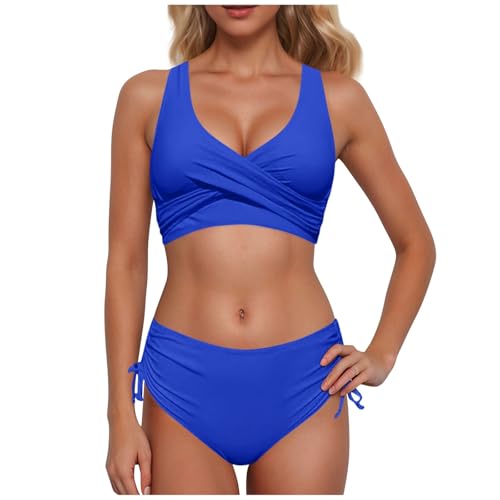 Conjunto de bikini para mujer, traje de baño sexy, traje de baño de dos piezas, bikini cruzado, parte superior y cintura alta, traje de baño elegante, azul, L