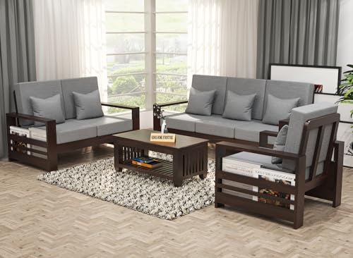 Image of Sheesham Wooden 6 Seater Sofa for Living Room | Rosewood 6 Seater Cushion Sofa with Side Rack | Solid Wood Sofa Set for Lounge (3+2+1,Walnut Finish)
