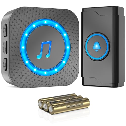 SURFOU Sonnette sans Fil à Pile, 400M Sonnette Longue Portée Exterieur Étanche Electronique, Kit de Carillon avec Récepteurs pour la Maison, LED Bleu, 55 Mélodies,...