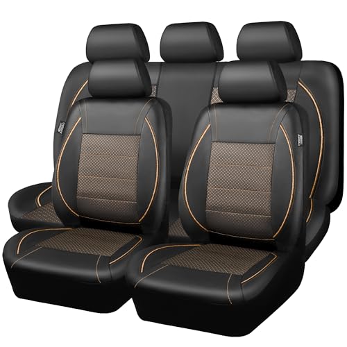 Image of CAR PASS Piping PU Leather Car Seat Cover Full Set,Inside Zipper Design and Reserved Opening Holes,Airbag Compatible,Universal FIT for Car, SUVs,Van,Small Trucks(Full Set, Black & Gold)