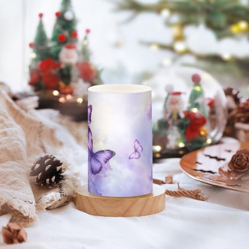 Image of Purple Lilac Butterfly Flowers Flickering Flameless Candles LED Battery Operated with Remote Timer Pillar Candles for Home Birthday Wedding Christmas Decor, Set of 2