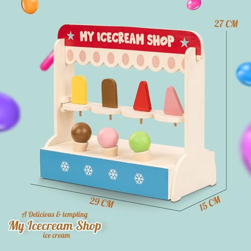 Image of Baybee Ice Cream Shop for Kids, Pretend Play Toys with 8 Pcs Playset, Educational Role Play Toy for Girls & Boys, Child-Safe Wooden Icecream Play Set for Kids Age 3 & Above