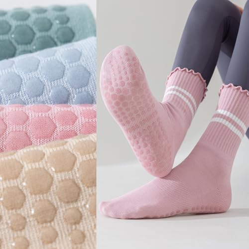 2 Pairs Women's Yoga Non-Slip Crew Socks Ruffle Top Pilates Home Comfortable Floor Socks3