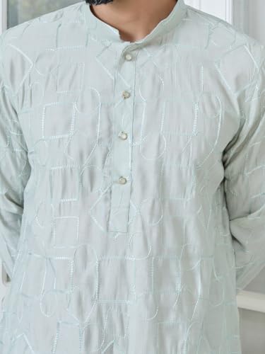Image of See Designs Men's Full Sleeve Mandarin Collar Sequins Embroidered Straight Long Kurta - Festive Collection