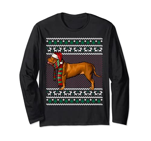 Xmas Dogues de Bordeaux Dog Santa Hat Ugly Christmas Long Sleeve T-Shirt, Black