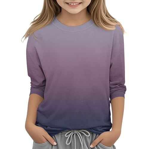 Teen Girls Floral 3/4 Length Sleeve Top Summer Crewneck Casual Athletic Blouse for Kids Soft (Purple #2, 12-13 Years)