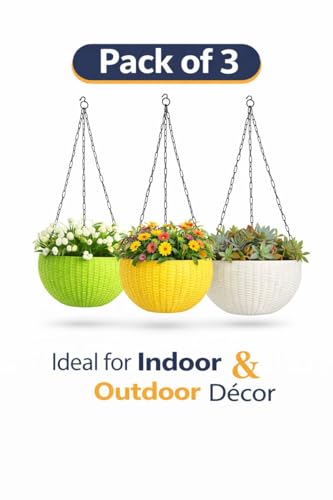 Image of Abasr Premium Plastic Hanging Planter Pot with Metal Chain, 6 Inch Durable Flower Pot for Indoor & Outdoor Plants, Home, Garden, Balcony & Terrace, Pack of 3