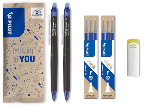 PILOT - Lot de 2 FriXion Point Clicker 0,5 - Stylo Roller effaçable et rétractable - 2 Bleus + 2 Sets de 3 Recharges bleues + Gomme - Pointe Fine