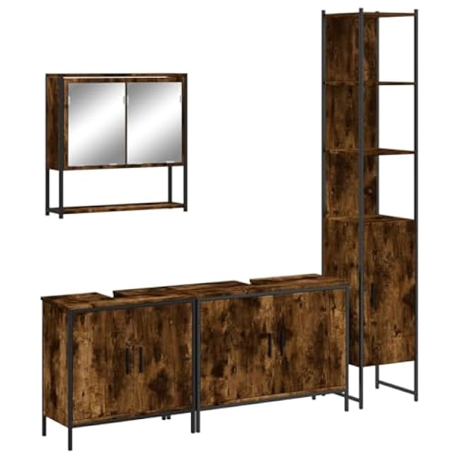 Modern Smoked Oak Bathroom Furniture Set with Wall-Mountable Sink Cabinet, Durable Engineered Wood Storage Vanity Solution for Organized Toiletry & Home Decor.