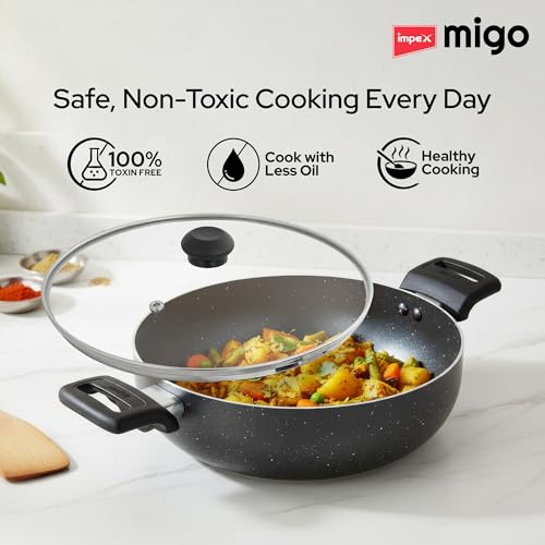 Image of Impex Nonstick Deep Kadai Pan with Glass Lid | Non Stick Aluminium Kadhai | 3 Litre Capacity | Induction and Gas Stove Compatible | Heatproof Handles | PFOA Free | 1 Year Warranty