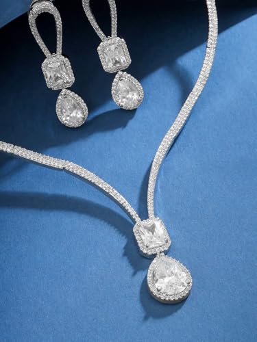 Image of Yellow Chimes Jewellery Set for Women and Girls American Diamond Jewellery Set | Rosegold Rhodium Plated AD Necklace Set for Women | Birthday Gift for Girls & Women