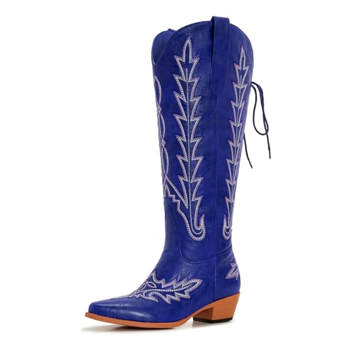 Image of Uillnoodu Wide Calf Cowboy Boots Women Knee High Tall Western Cowgirl Boots Adjustable Lace Up Plus Size Comfortable 2-Inch Heel