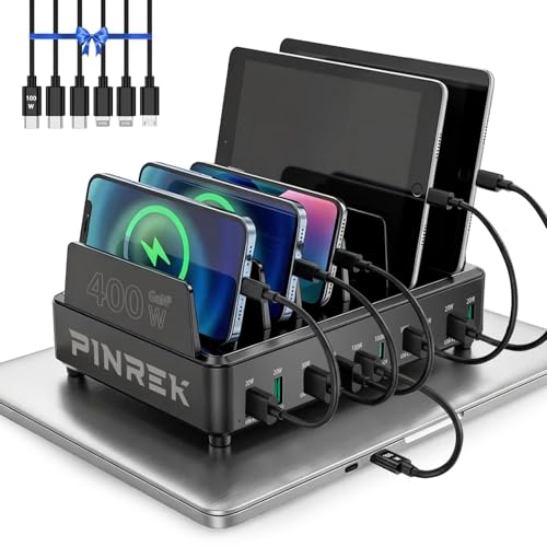 400W 10-Port USB C Charging Station for Home Office Desk PINREK GaN Desktop Charger Hub with Dual 100W Ports for 2 Laptops 8 Device Slots & 5 Cables 240W Total Output for iPhone Galaxy iPad MacBook