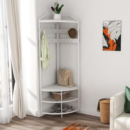 GiftGo Corner Coat Rack Entryway Hall Tree with Shoe Storage Bench for Home Organize Bedroom Mudroom 3 in 1 Coat Stand (White, Large) - Image 7