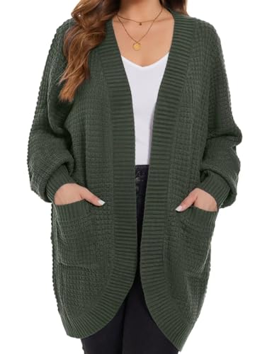 Image of MONNURO Womens Plus Size Open Front Cardigan Waffle Knit Long Sleeve Sweaters Tops Fall Coat Outerwear with Pockets