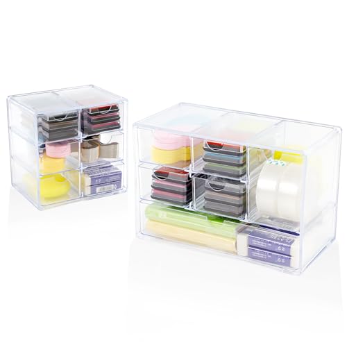 WATUNID 2 Stück Schubladenbox, Acryl Desktop Schublade Organizer mit 6 Schubladen, Mini Durchsichtig Schminktisch Organizer, Plastik Aufbewahrungsbox für Kosmetik Schmuck Schreibwaren
