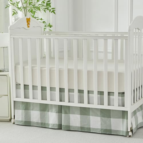 Image of Brandream Crib Skirt Gingham Tailored, Baby Boy, Baby Girl, Gender Neutral Crib Skirt, Toddler Bedskirt Farmhouse Chic Nursery Crib Bed Skirt, Bohemian Green Plaid Gingham Dust Ruffles