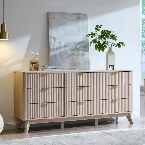 Image of T4TREAM 63 inch Wide Fluted 9 Drawer Dresser for Bedroom, White Alder