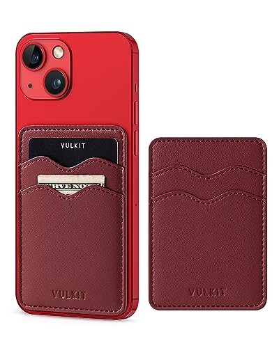 VULKIT Stick on Card Holder Compatible for iPhone Leather Cell Phone Wallet Credit Card Case Strong Sticker for Women (Wine)