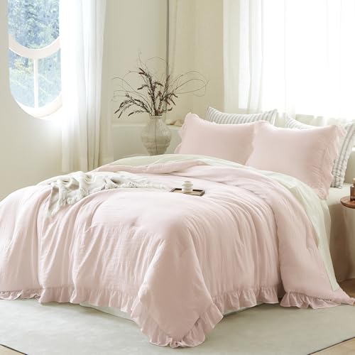 Image of Pink Ruffle Comforter Set Queen, Pre-Washed Shabby Chic Bedding Set, Lightweight Cottagecore Soft Romantic Cozy 1 Comforter & 2 Shams, All-Season