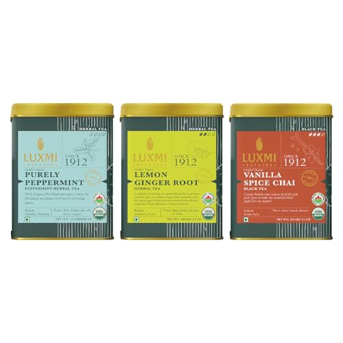 Image of Luxmi Estates Tea Bundle - Vanilla Spice Chai, Lemon Ginger Root & Purely Peppermint | New Years Gift Box I Christmas Gift Hamper | Stress Relief, Bedtime & Detox Tea Collection - Organic Loose Tea | Pack Of 3 | Certified USDA Organic Tea