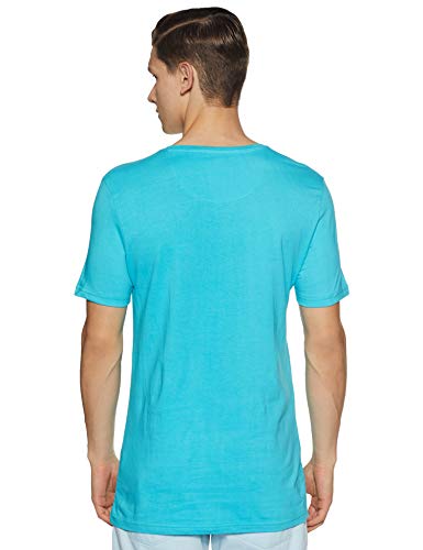 Image of ABOF Men's Solid Slim Fit T-Shirt (BOA19AMCWTE3009425 Turquoise XXL Aqua Blue Metal tab 2XL)