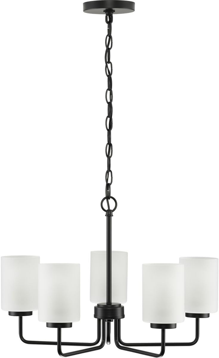 Progress Lighting Merry Collection Five-Light Chandelier, Transitional Hanging Ceiling Light Fixture for Dining Rooms, Foyers, Etched Glass, Matte Black