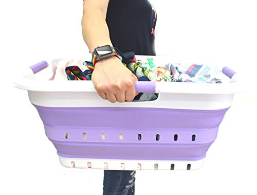 Image of SAMMART Collapsible 3 Handled Plastic Laundry Basket - Foldable Pop Up Storage Container /Organizer - Portable Washing Tub - Space Saving Hamper /Basket (3 handled rectangular, White /Lt. Purple)