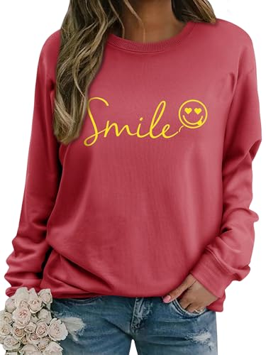 Dresswel Womens Sweatshirt Vintage Funny Smile Face Graphic Print Crewneck Long Sleeve Tops Ladies Pullover Basic Cotton Jumpers Blouse (Watermelon Red, L)