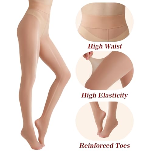 2 Pairs Shiny Pantyhose for Women Footed Tights Silk Oil Shimmer Stockings with Control Top3