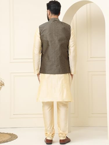Image of SOJANYA (Since 1958 Men's Silk Blend Kurta Pyjama With Self Design Nehru Jacket