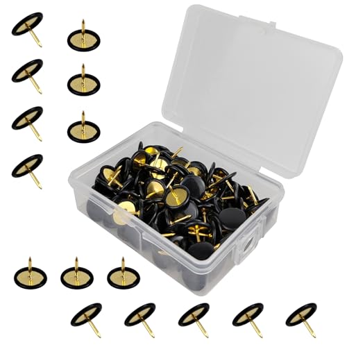 100 Pcs Thumb Tacks, Drawing Pins, Metal Flat Push Pins, Round Head Drawing Pins with Storage Box for Map, Photo Wall, Office, Corkboards (Black, 100)
