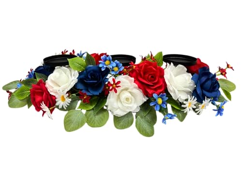 Image of Svndlyn 4th of July Decorations,Patriotic Floral Arrangement Centerpiece for Table,Centerpiece with 3 Candle Holder,Red White and Blue Fake Rose Flowers for Independence Day Home Decor,Memorial Day