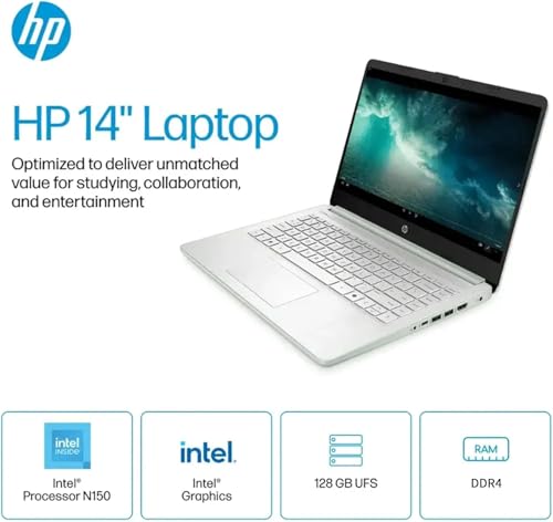 Image of HP 14 inch HD Student Business Laptop, Intel Quad-Core N150, 16GB RAM DDR4, 384GB Storage, (128GB UFS+256GB SD Card), 1 Year Office 365, Webcam, HDMI, Bluetooth, WiFi, Slim Design, Win 11 S, Willow Green
