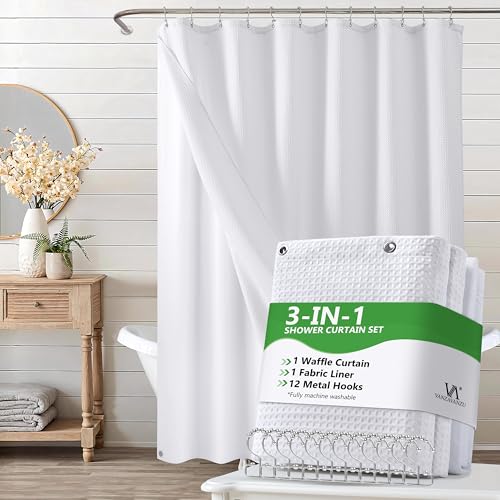VANZAVANZU Luxury 3 in 1 Shower Curtain Set 3D Textured Waffle Weave Bathroom Curtain with Waterproof Certified Fabric Liner & 12 Anti-Fall Stainless Steel Hooks, Machine Washable 72"x84" (White)