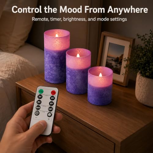 Image of Purple Flameless Candles Remote Timer Halloween Decor Set of 3 | Purple Sandblasted Glass, Warm White LED Glow, Real Wax, 10 Key Remote, 2 4 6 8 Hour Timer, 3 Sizes